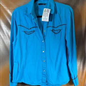 Vintage Turquoise Western roughrider Style Button-Up Shirt pearl snap buttons E1